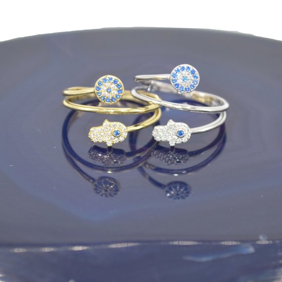 Sterling Silver Evil Eye Hand of Fatima Ring / Amulet Ring /  CZ Ring - Picture 1 of 6